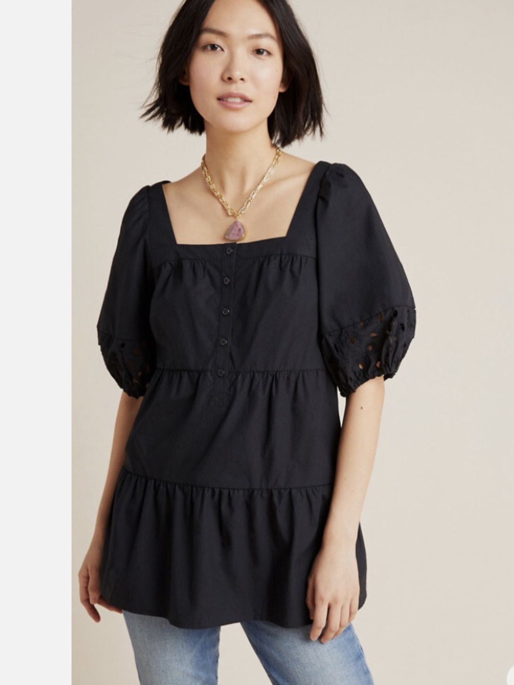 Anthropologie Black Square-Neck Tiered Puff-Sleeve